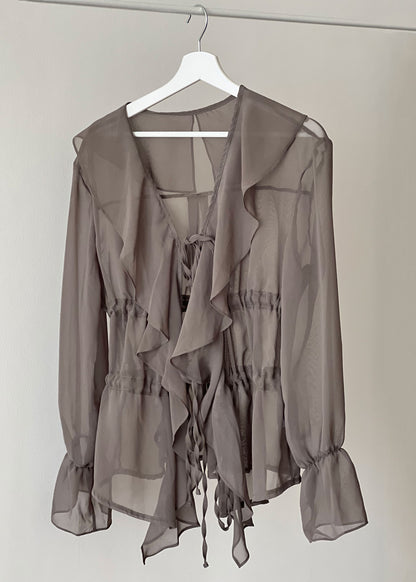 Taupe Ruffle Tied Blouse