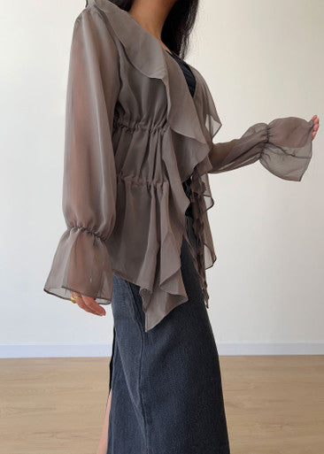 Taupe Ruffle Tied Blouse