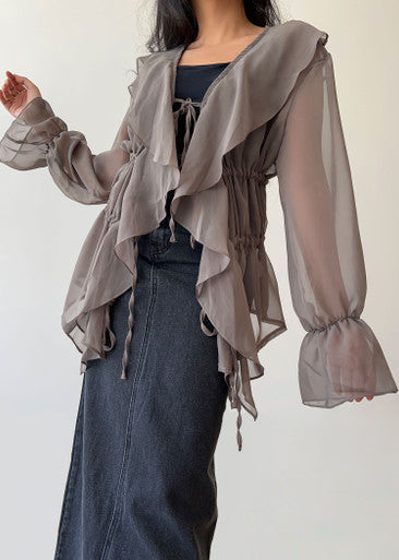 Taupe Ruffle Tied Blouse