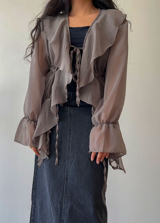 Taupe Ruffle Tied Blouse