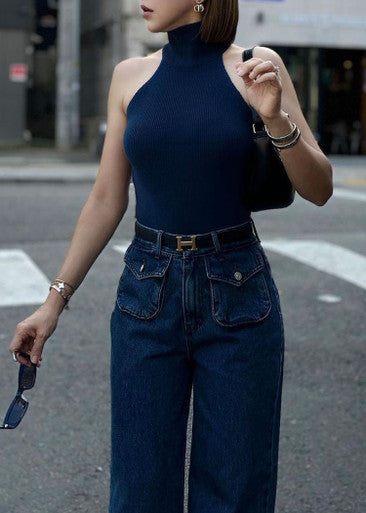 Navy Sleeveless Turtleneck Top