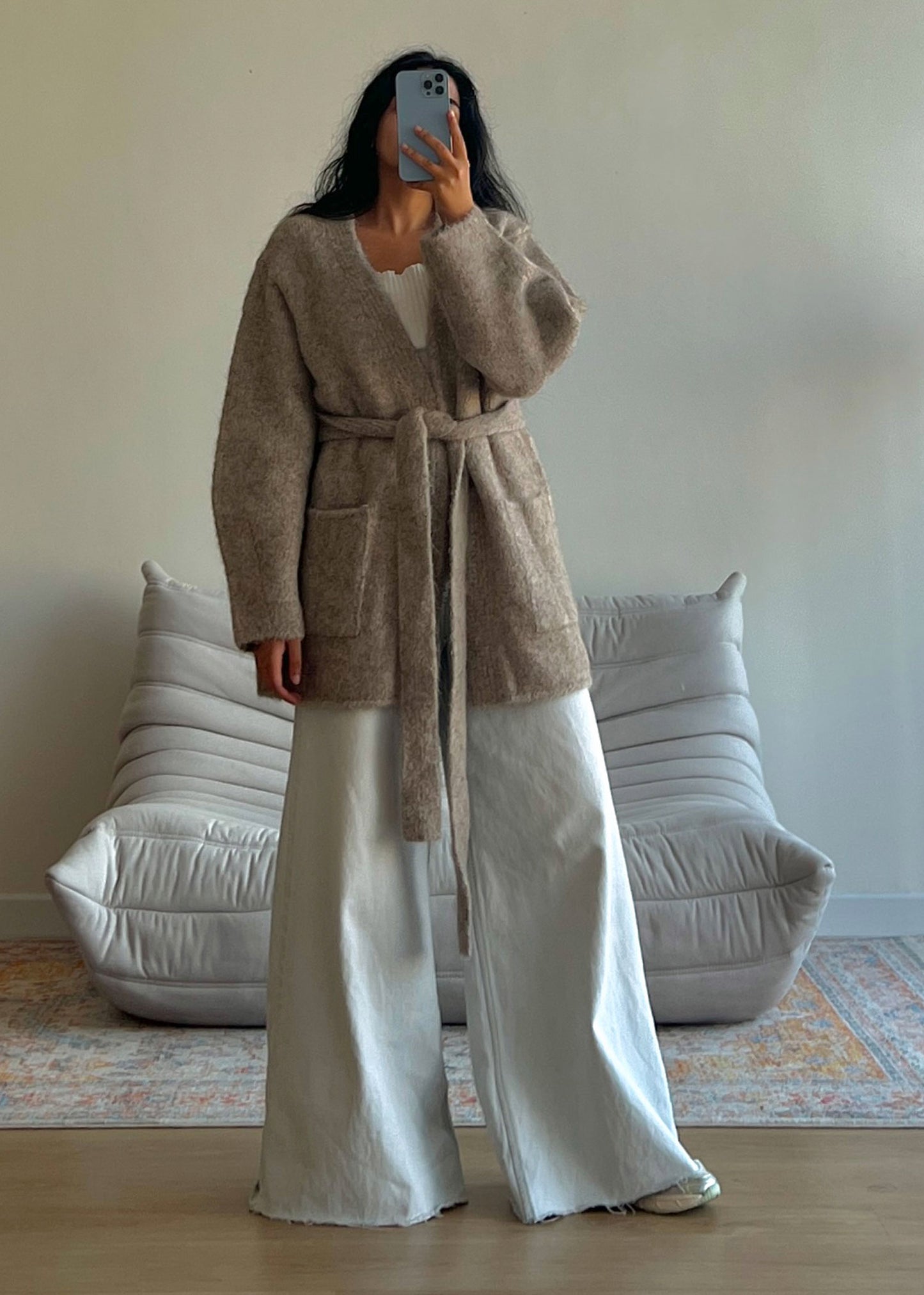 Beige Belted Alpaca Cardigan