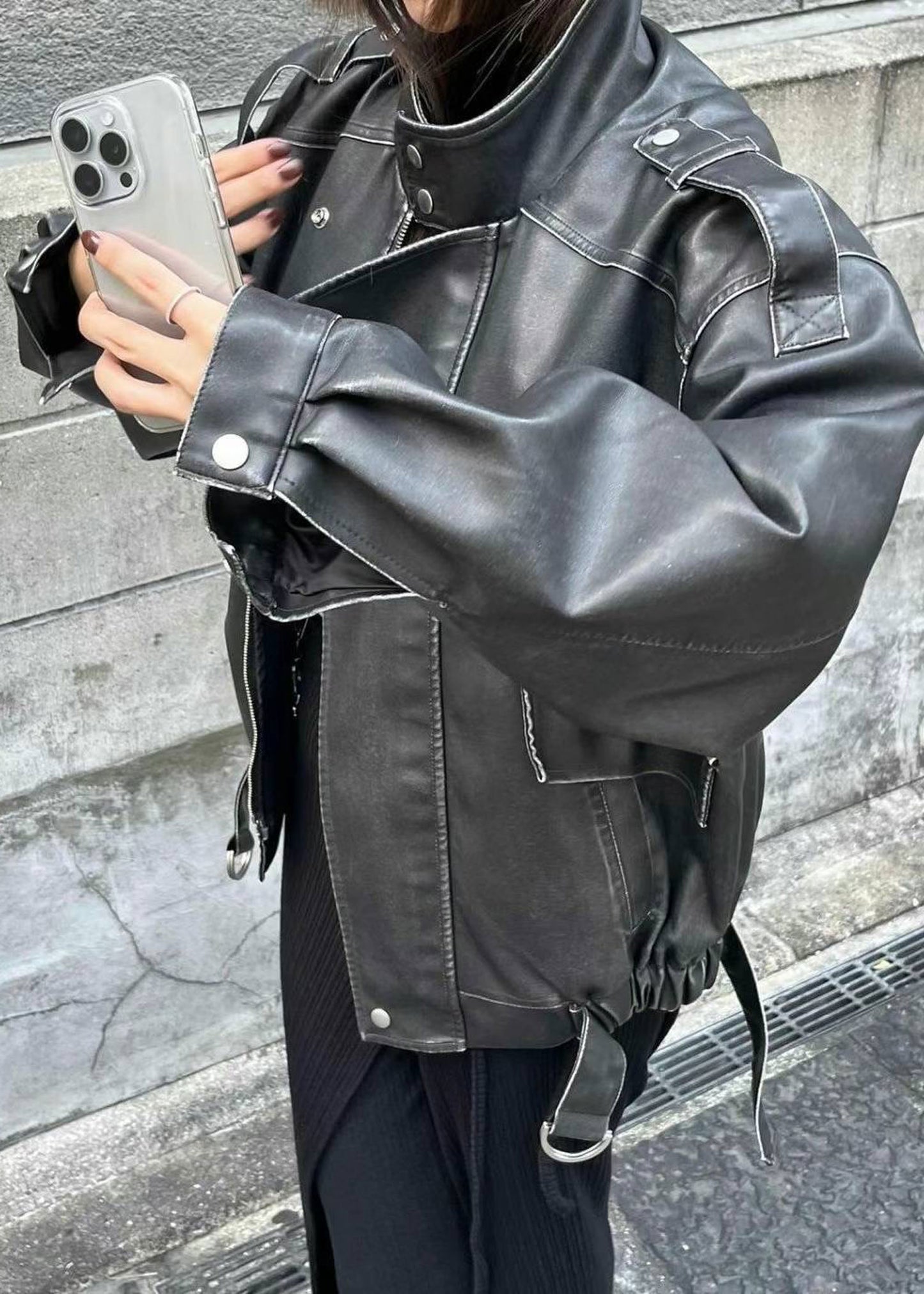 Faded Faux Leather Biker Jacket