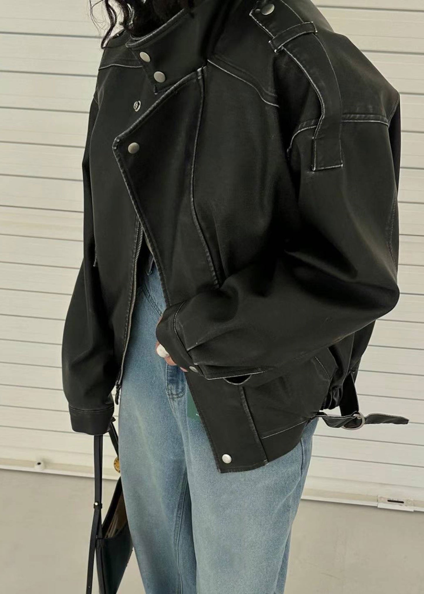 Faded Faux Leather Biker Jacket