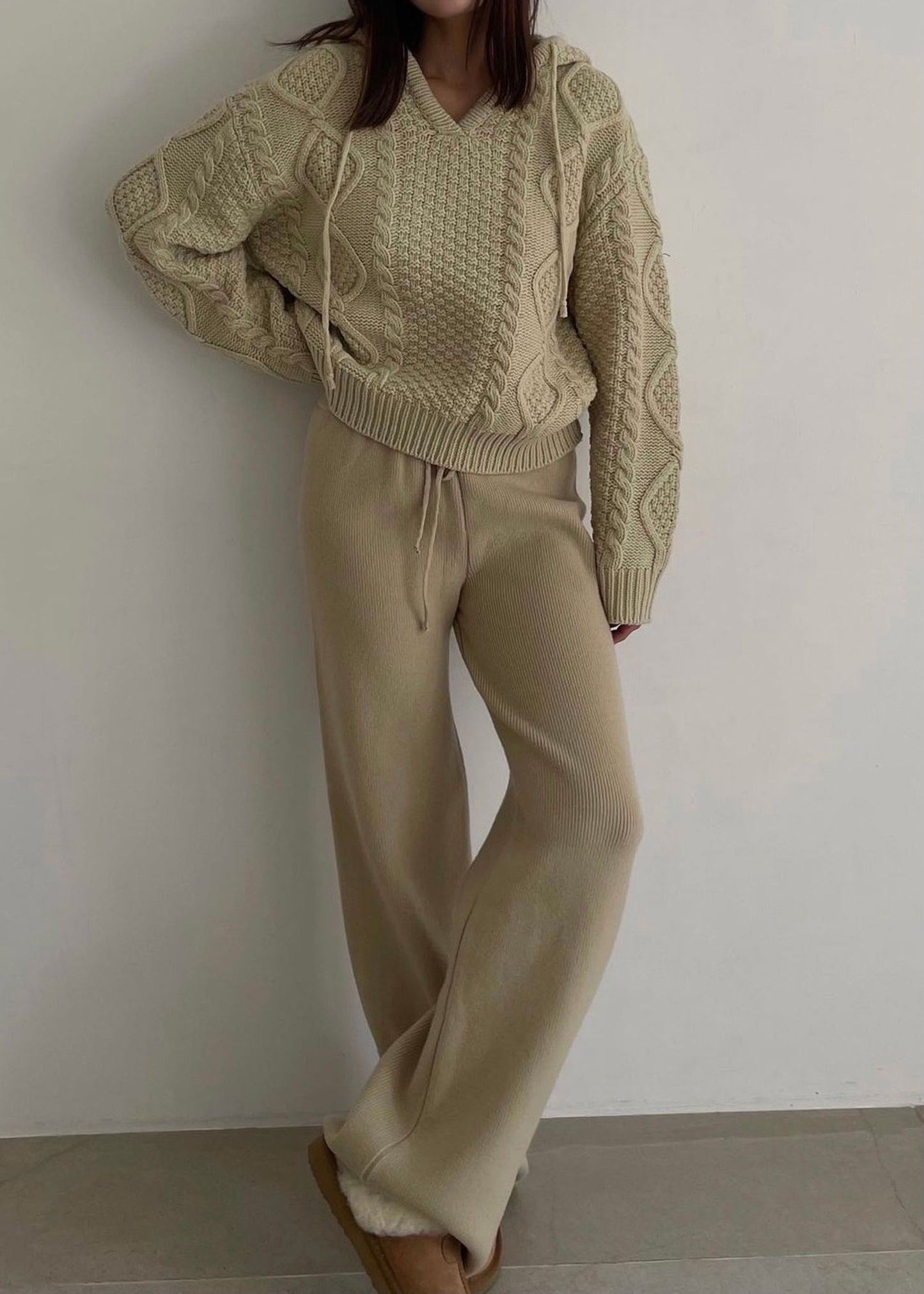 Drawstring Waist Wool Pants in Beige