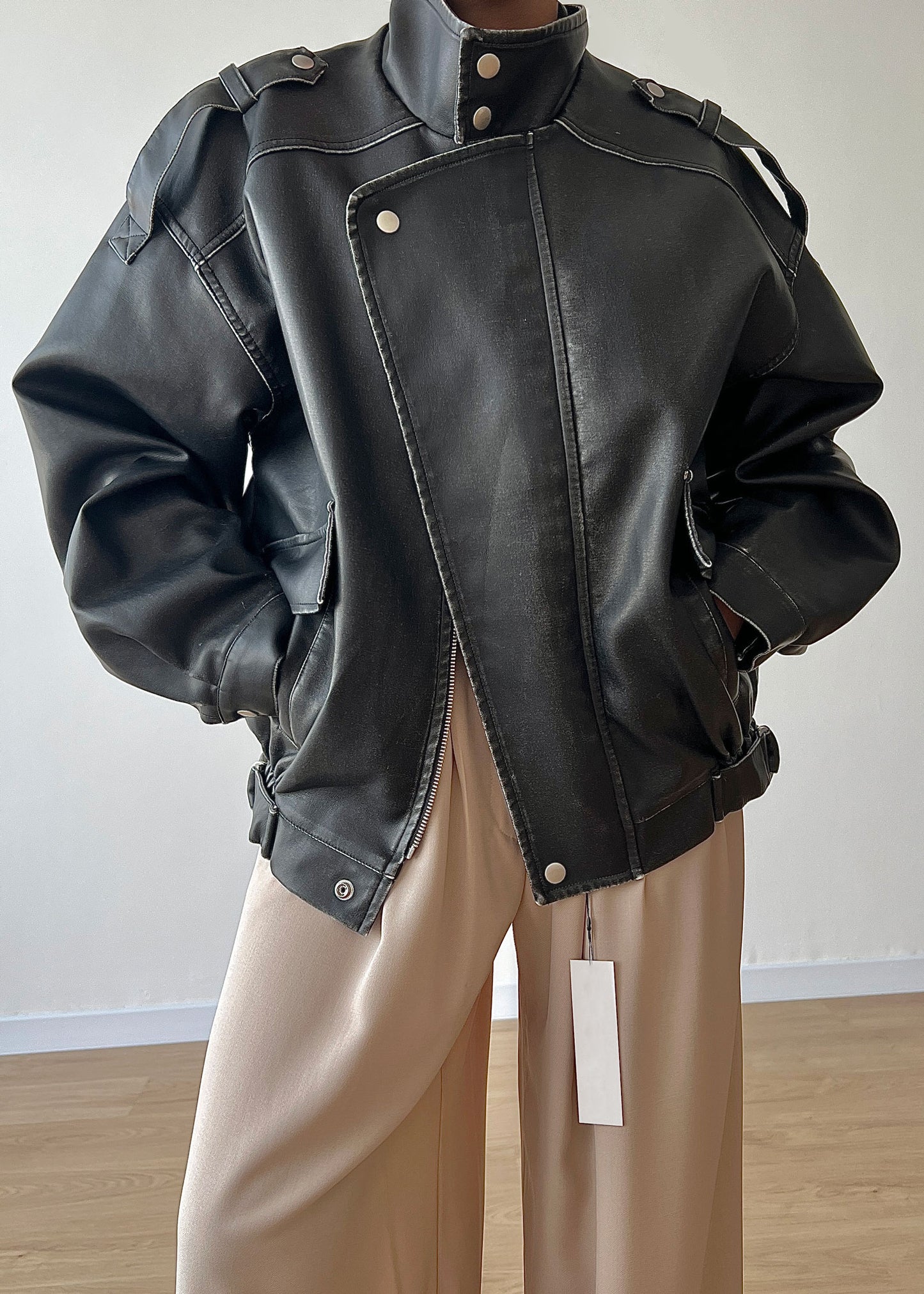 Faded Faux Leather Biker Jacket