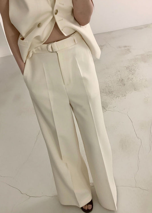 Cream Belted Wide Leg Pants